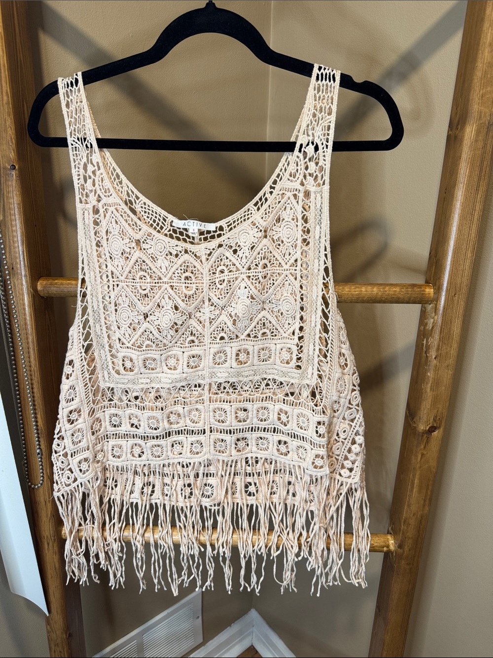 Crochet Fringe Tank Top in Light Beige